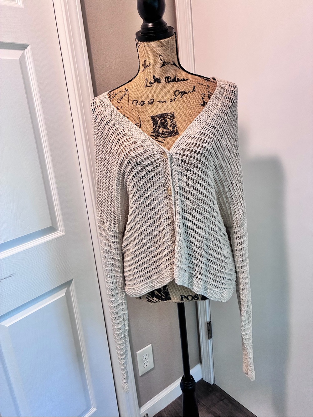 Max Studio Cream Open-Knit V-Neck Cardigan Sweater